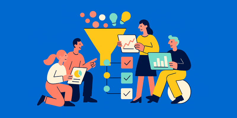 Team collaborating with data and ideas funnel.