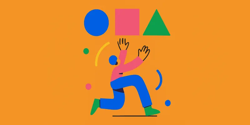 Colorful abstract shapes and figure on orange background