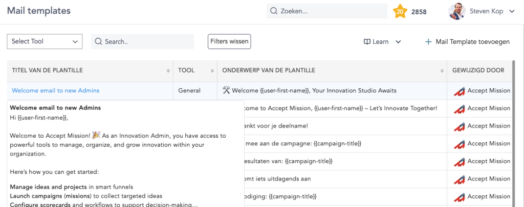 Email templates dashboard with welcome email preview.